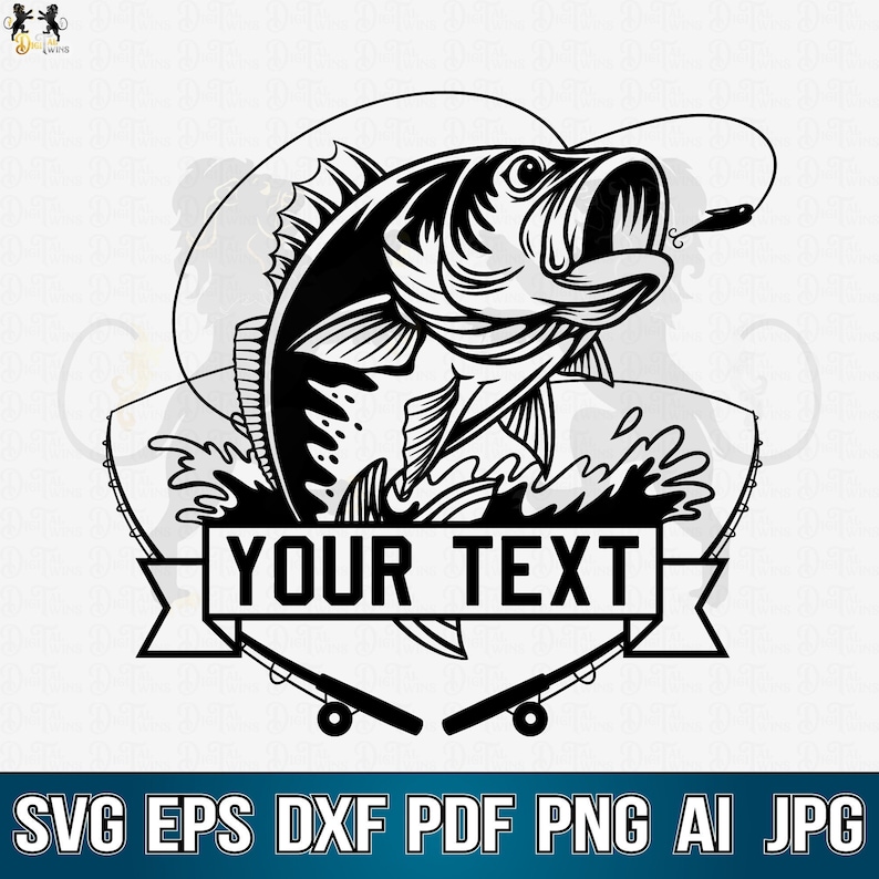 May include: Black and white illustration of a bass fish jumping out of the water with a fishing rod and line. The fish is in the center of the image with the text "YOUR TEXT" on a banner below it.