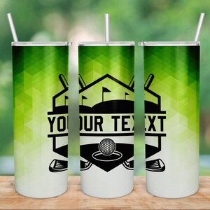May include: Three stainless steel tumblers with a green and white geometric pattern. The tumblers feature a black and white golf-themed design with the text "YOUR TEXT".