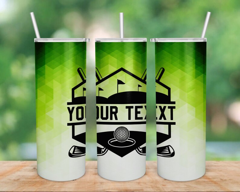 May include: Three stainless steel tumblers with a green and white geometric pattern. The tumblers feature a black and white golf-themed design with the text "YOUR TEXT".