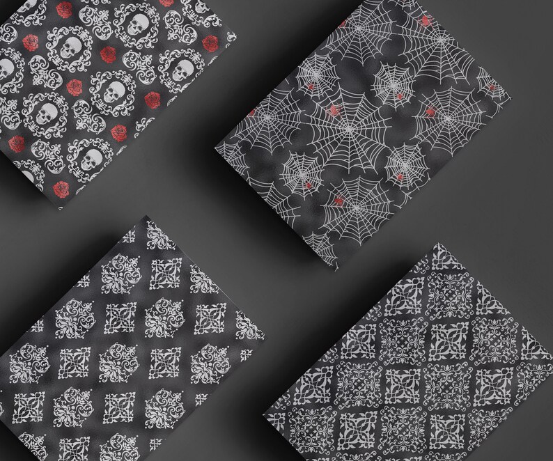 May include: Four different black and white patterned wrapping paper sheets with a Halloween theme. The patterns include skulls, roses, spiderwebs, and a repeating geometric design.