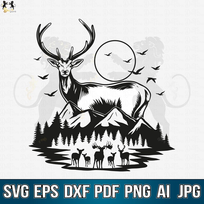 May include: Black and white silhouette of a large deer standing on a mountain with a full moon in the background.  Smaller deer are in the foreground by a lake.