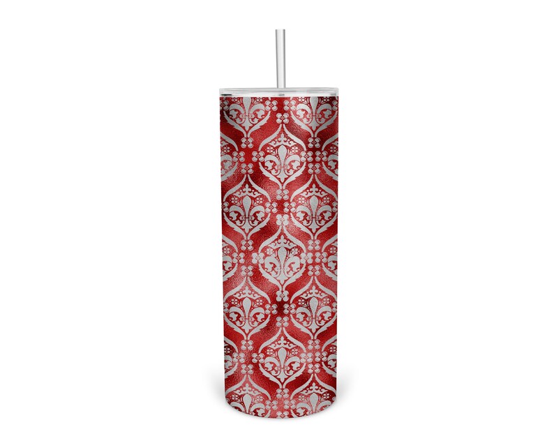 May include: A red and silver stainless steel tumbler with a damask pattern. The tumbler has a lid and a straw.