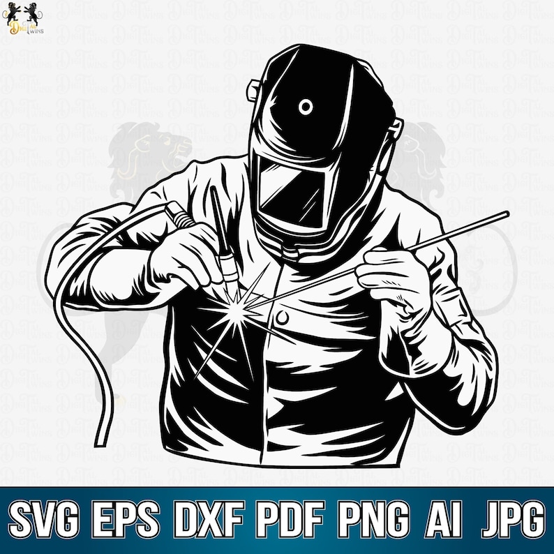 May include: A black and white illustration of a welder wearing a welding mask and welding gear, holding a welding torch and welding metal.