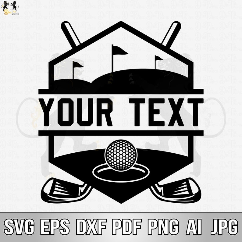 May include: Black and white silhouette of a golf course with two crossed golf clubs, a golf ball, and the text "YOUR TEXT".