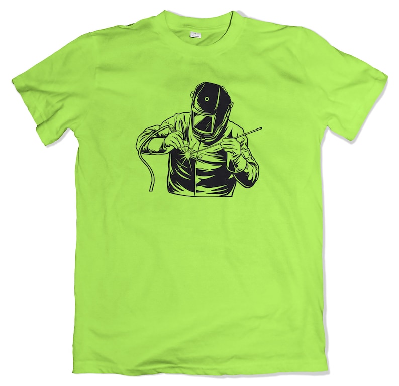 May include: A lime green t-shirt with a black and white illustration of a welder wearing a welding mask and welding.
