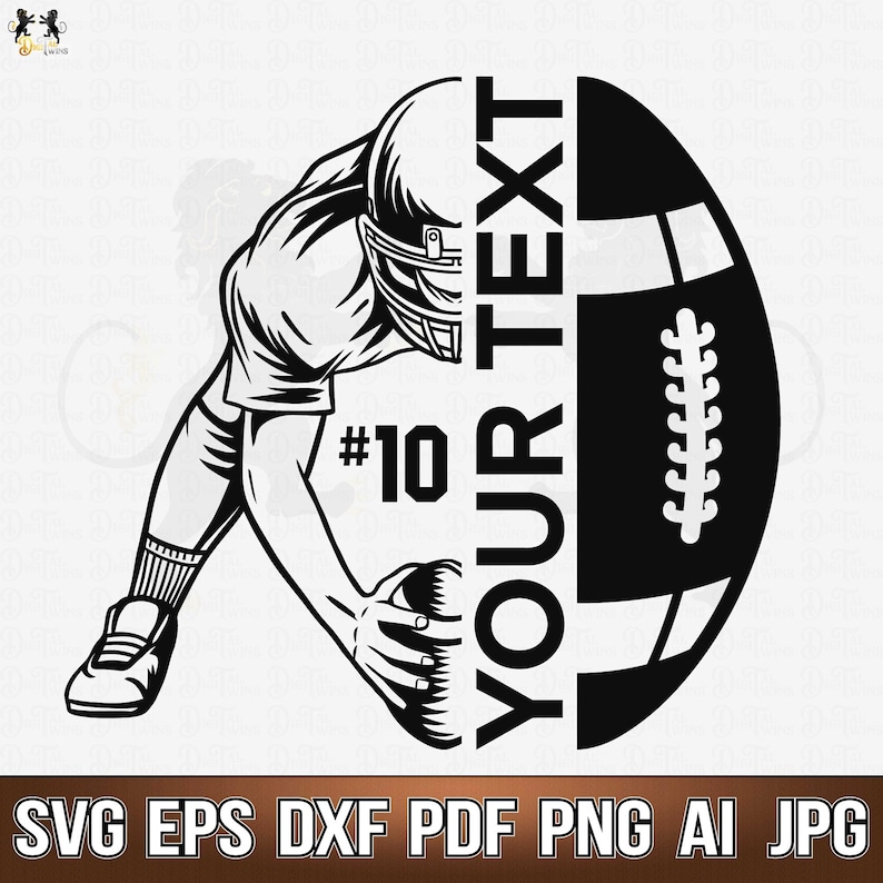 May include: Black and white illustration of a football player in a running pose, holding a football. The player's number "#10" is visible on the jersey. The football is split in half, with the other half showing a football with laces and the text "YOUR TEXT".