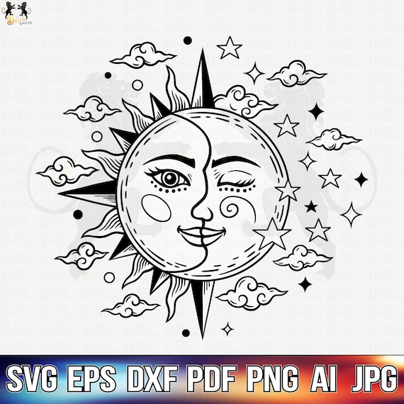 Sun And Moon Svg, Celestial Svg, Sun Svg, Moon Svg, Sun And Moon Clipart, Bohemian Svg, Sun And Moon Cricut, Boho Svg, Moon Phase Svg Png