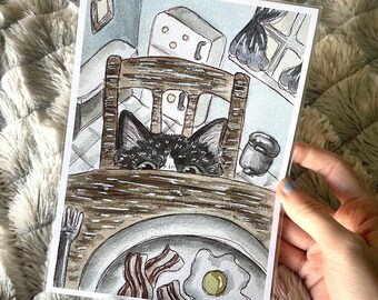 Lámina artística de acuarela de gato hambriento