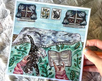 saturday night book and cat watercolor art print