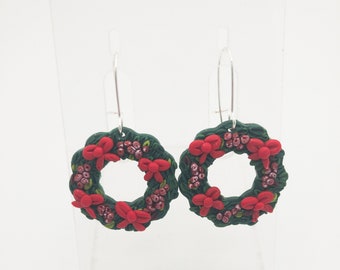 Berry Wreath Earrings Dangle, Red Bow Wreath Earrings, Christmas Dinner Earrings, Kidney Earrings, Roommate Christmas Gift