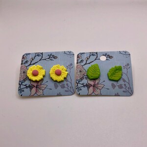 Yellow Flower and Green Leaf Stud Earring Set, Polymer Clay Earring Floral