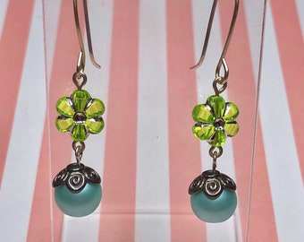 Cute Flower Dangle Earrings Women, Blue Imitation pearls, translucent earrings, Green flower, Fun Earrings, Cyber Week Sale