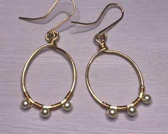 Gold colored hoop earrings, Imitation Pearls, Wire Wrapped Earrings, Christmas Gifts For Her