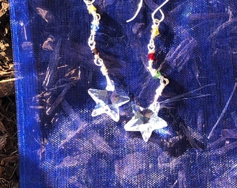 Asymmetrical Star Swarovski Crystal Dangle Earrings, Space Themed Gift, gifts for her, Christmas Gift for Her