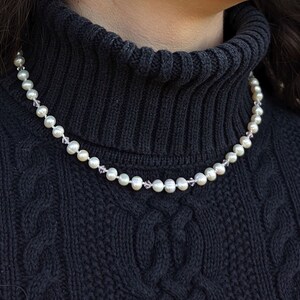 Hand Knotted Pearl Necklace, Pearl and Crystal Necklace, White Freshwater Pearl Necklace, Natural Pearl Necklace, Valentines Day Gift