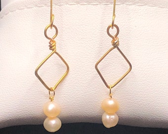 Square Wire Wrapped Pearl Earrings Dangle,   Gold Colored Earrings, Geometric Earrings, Best Friend Birthday Gift, Mothers Day Jewelry Gift