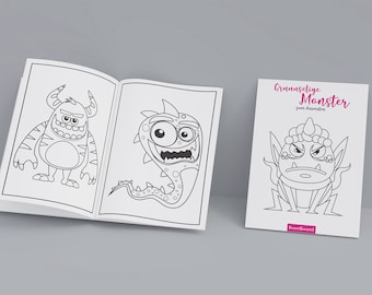 May include: A coloring book with the title "Gruesome Monster" for coloring. The book features three black and white illustrations of monsters with different expressions.