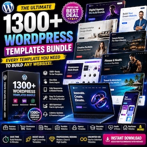 Op de afbeelding: Een promotieafbeelding voor een WordPress templates bundel. De afbeelding toont een grote titel "1300+ WordPress Templates Bundle", met voorbeelden van website-ontwerpen. Het bevat een laptop, smartphone en pictogrammen voor verschillende websitecategorie&euml;n.