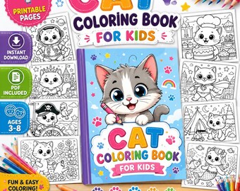 Livro de colorir de gatos para crianças – Páginas de atividades, páginas para colorir imprimíveis para crianças, livro de colorir pré-escolar em PDF | Download instantâneo