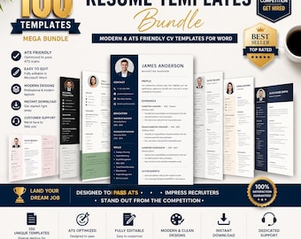 100+ ATS Friendly Resume Template Word, Pages, Google Docs Modern Clean, Easy to edit, Instant Download Professional ATS Resume CV Template
