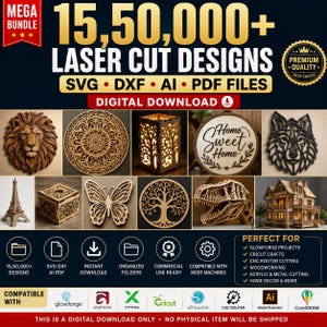 Pacchetto di oltre 1.550.000 disegni per taglio laser in formato SVG, DXF, Ai e PDF | Mega collezione per CNC e Glowforge | Download digitale immediato