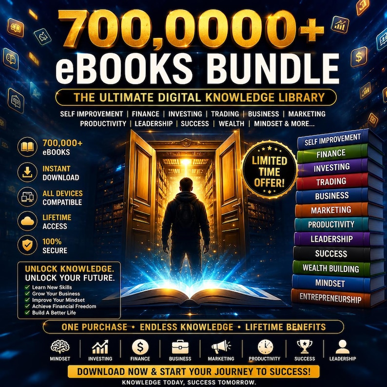 May include: A digital promotional graphic for a 700,000+ eBooks bundle. The image features a silhouette of a person standing before an open doorway, a glowing open book, and a stack of colorful books labeled with topics like finance and business.