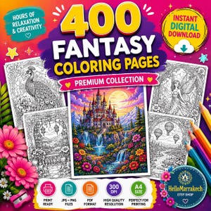 May include: A digital collection of 400 fantasy coloring pages featuring a central colorful castle illustration surrounded by four black and white line art pages depicting a peacock, a fairy, a balcony view, and hot air balloons.