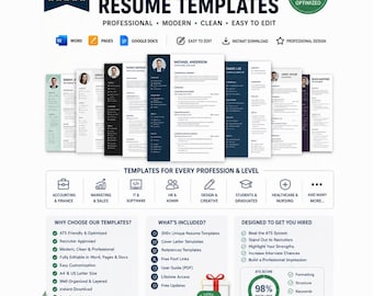 300 ATS Friendly Resume Template Word, Pages, Google Docs Modern Clean, Easy to edit, Instant Download | Professional ATS Resume CV Template