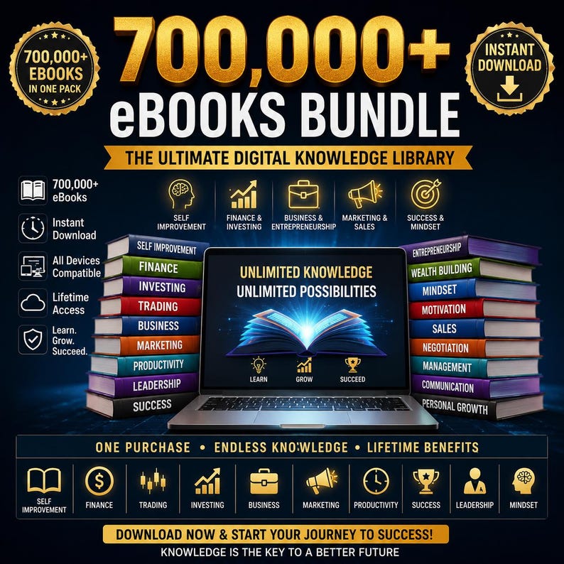 May include: A digital bundle of 700,000+ ebooks featuring a laptop displaying the text Unlimited Knowledge Unlimited Possibilities. The image includes stacks of books labeled with topics like Finance, Business, and Marketing, plus icons for instant download.