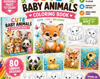 Livro de colorir de animais bebês fofos para crianças | Páginas adoráveis para colorir em PDF | Download instantâneo | Livro de atividades de colorir animais fácil e divertido