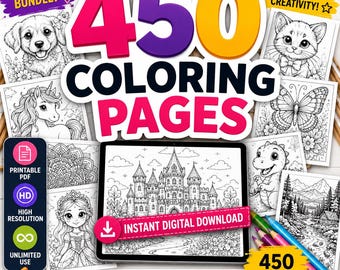 450 Printable Coloring Pages Bundle for Kids, Huge Coloring Book Collection, Instant Download Activity Pack, Preschool Learning Worksheets