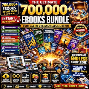 May include: A digital promotional graphic for a 700,000+ ebook bundle featuring a central open book with a silhouette figure, surrounded by various ebook covers, a laptop, tablets, and text including The Ultimate 700,000+ Ebooks Bundle.
