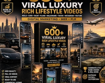 Meer dan 600 virale luxe lifestyle reels | TikTok Instagram YouTube video's Auto's Jachten Jets Miljonair content MRR PLR Digitaal marketingpakket