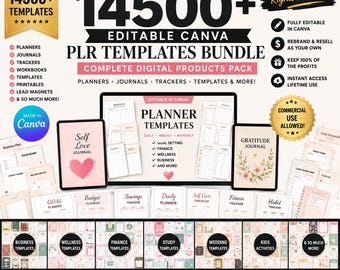14500+ Editable Canva PLR Templates Bundle | Complete Digital Products Pack for Planners, Journals Trackers | PLR & MRR Rights Included