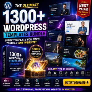 Op de afbeelding: Promotieafbeelding voor een WordPress templates bundel. De afbeelding toont de tekst "1300+ WordPress Templates Bundle" met voorbeelden van website-ontwerpen. Het bevat ook pictogrammen voor website types en functies zoals "Instant Download."