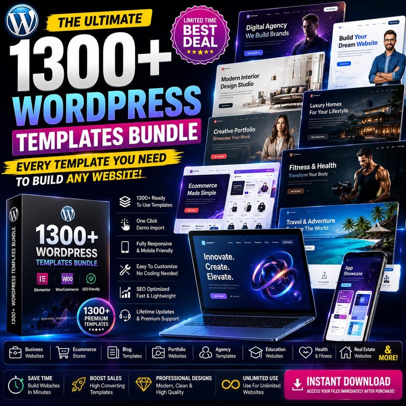 Op de afbeelding: Een promotieafbeelding voor een WordPress-templates bundel. De afbeelding toont een grote titel "1300+ WordPress Templates Bundle", met voorbeelden van website-ontwerpen. Het bevat een laptop, smartphone en pictogrammen voor verschillende soorten websites.
