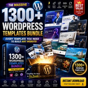 Op de afbeelding: Een promotionele afbeelding voor een WordPress-templates bundel. De afbeelding toont het WordPress-logo, de tekst "1300+ WordPress Templates Bundle" en voorbeelden van website-ontwerpen. De tekst "Direct downloaden" is ook opgenomen.