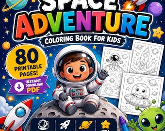 Livro de colorir Aventura Espacial para Crianças – 80 Páginas para Imprimir | Astronautas, Planetas para Colorir, Livro de Atividades Pré-escolares, Download Instantâneo