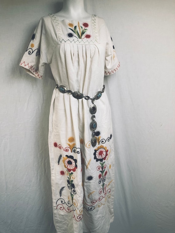 70s heavy embroidered floral dress bohemian vintag
