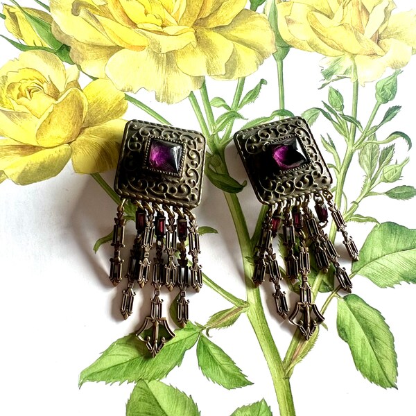 Banana Bob vintage brass stone purple goth clip on earrings ornate art deco style