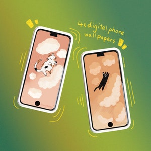 Happy Floating Cats Digital Phone Wallpapers | Pack of 4 Cute Cat Backgrounds