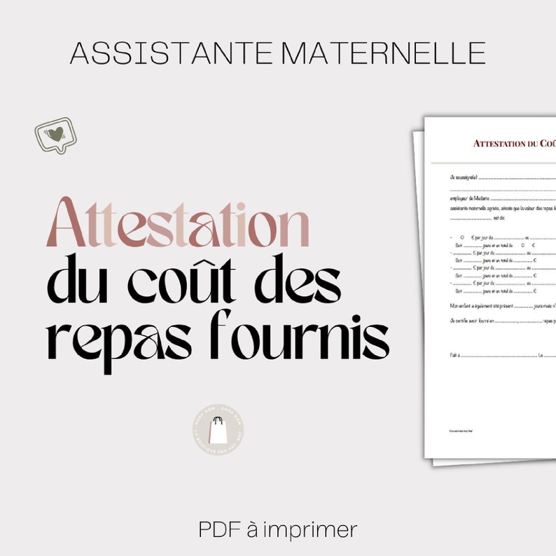 Attestation du coût des repas fournis Assistante Maternelle Etsy France