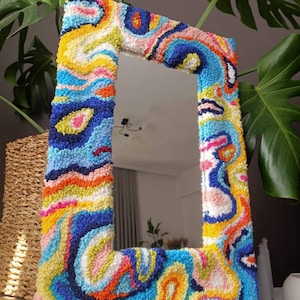 Multicolor Tufted Rug Mirror, Wavy Punch Needle Mirror, Danish Pastel Decoration, Funky Fluffy Mirror, Custom Punch Needle, punch rug mirror