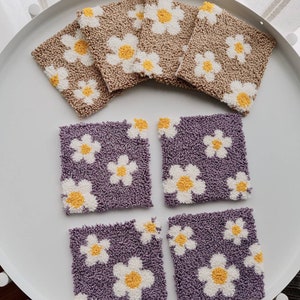 Lilac Sage Punch Needle Coaster Set - Danish Pastel Floral Coasters for Elegant Decor