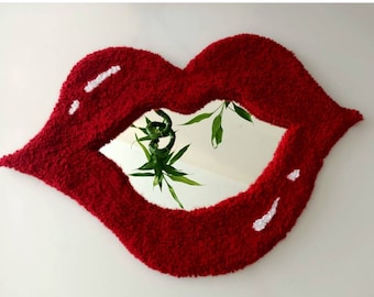 Lips Tufted Wall Mirror, Red Punch Needle Mirror, Funky Cool Mirror, Maximalis Red Lips Decor Wall Hanging, Valentines Gift for Girl friend