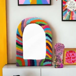 Multicolor Tufted Arch Mirror, Wavy Punch Needle Rug Mirror, Vibrant Room Decoration, Wavy Arched Mirror, Cool Wall Mirrors, Desk Mirror