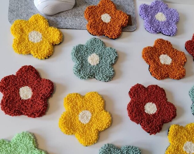 Punch Needle Coasters, Retro Flowers, Drink Coasters, Floral Coasters , Tufted Coaster, Jewelry Candle Display Danish Pastel y2k flowers mug