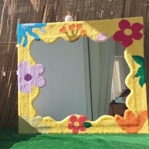 Yellow Floral Tufted Wavy Full Length Mirror Frame. Floor Mirror Frame Colorful. Full Body Mirror. Blob Mirror. Floor Mirror Tufted Frame