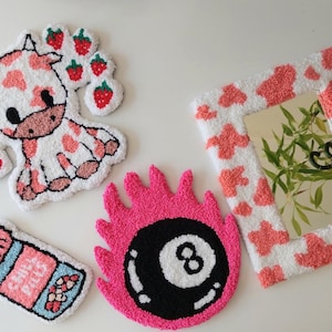 Strawberry Cow Tufted Wall Hanging, Punch Needle Pink Cow Art, Strawberry Cow Tufted Mirror, Tufted Mirror Pink Cow, Dorm Room Decor