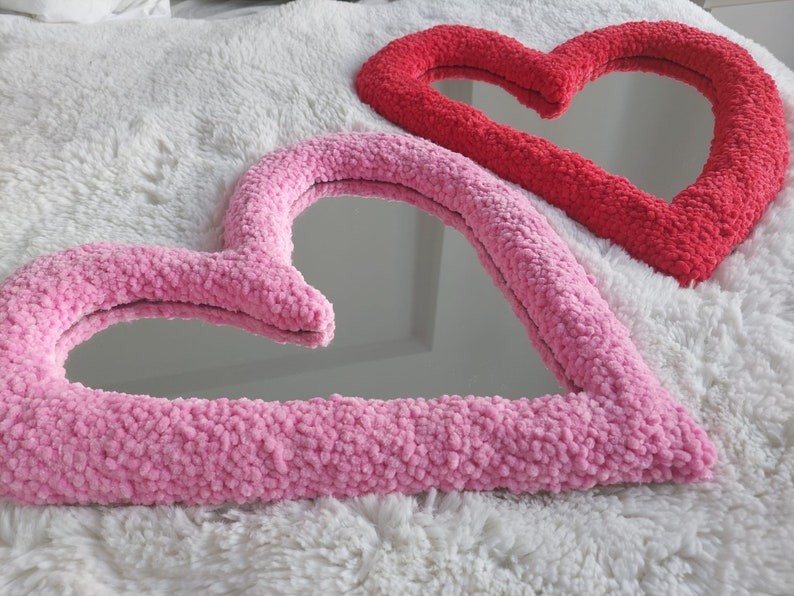 Heart Tufted Wall Mirror, Red Heart Punch Needle Rug Mirror, Cool Mirror, Maximalist Mirror Red Irregular Heart, Imperfect Heart Shaped image 7